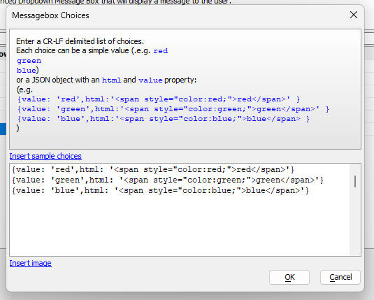 Dialog used to define the choices for a Choice style message box.